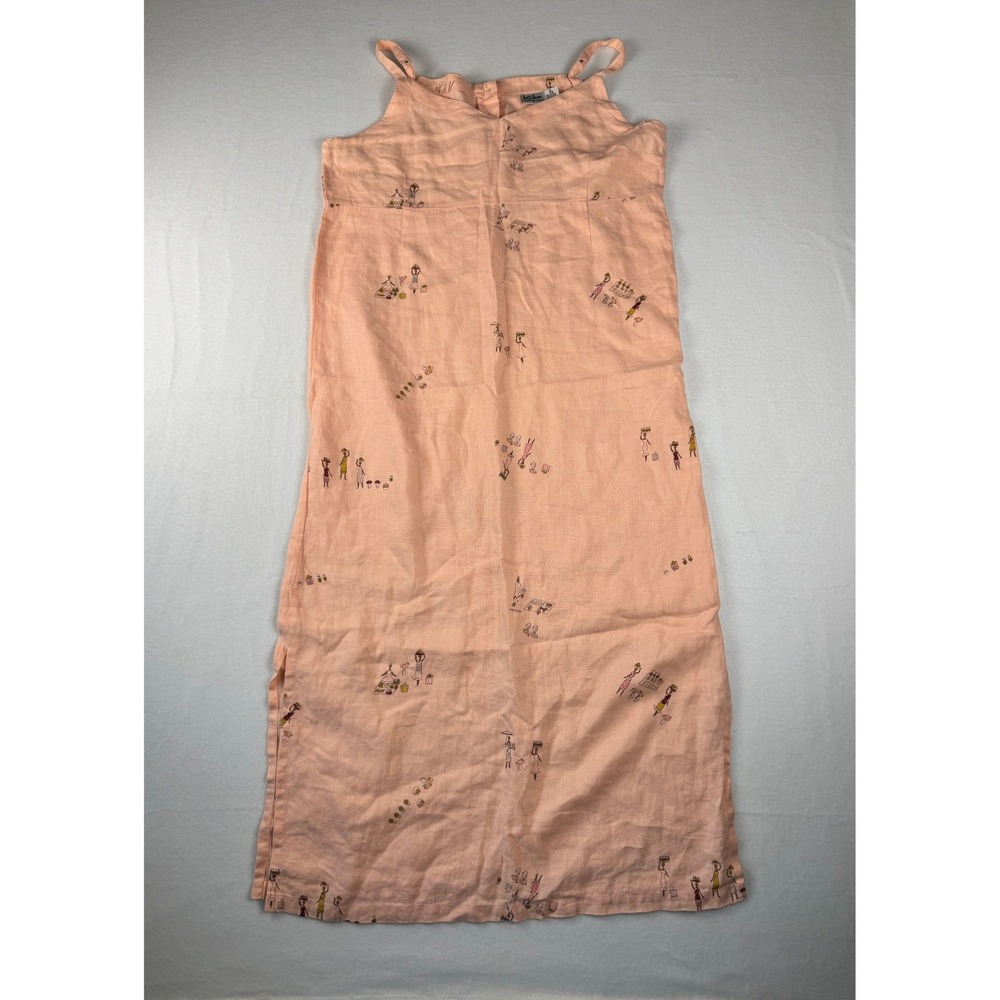 Vintage Kiko Pink 100% Linen Market Print Sleeveless Maxi Dress Womens Large